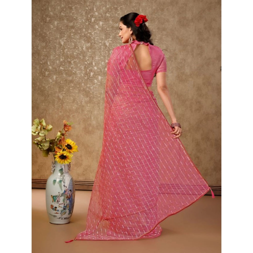 Generic Women's Linen Line Saree With Unstitched Blouse (Pink, 5-6 Mtrs) - Noble Nook