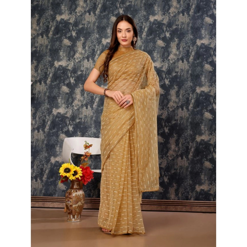 Generic Women's Linen Line Saree With Unstitched Blouse (Beige, 5-6 Mtrs) - Noble Nook