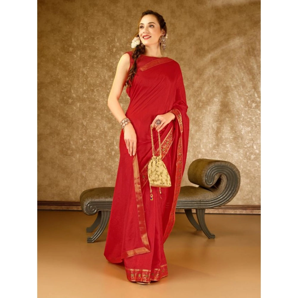 Generic Women's Vichitra Swiroshki Butta Saree With Unstitched Blouse (Red, 5-6 Mtrs) - Noble Nook