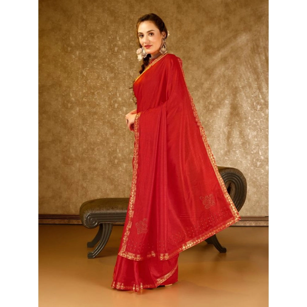 Generic Women's Vichitra Printed Saree With Unstitched Blouse (Red, 5-6 Mtrs) - Noble Nook