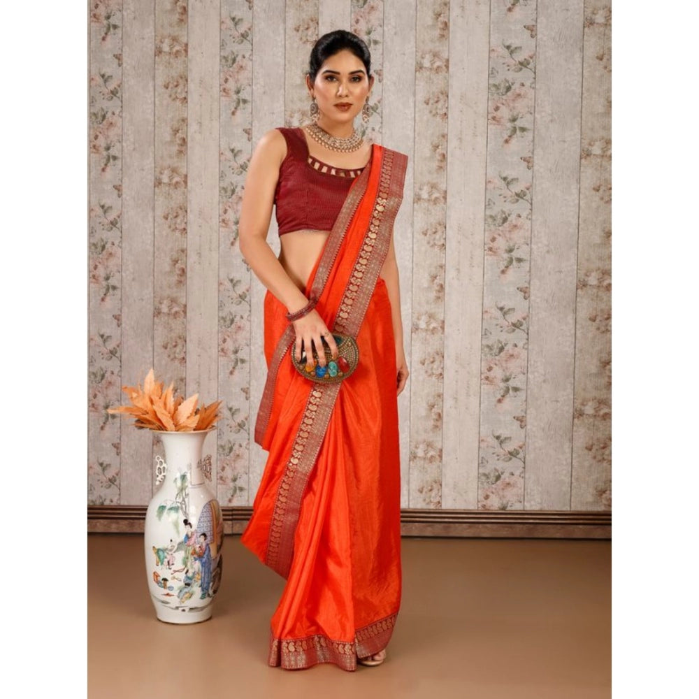 Generic Women's Vichitra Plain Saree With Unstitched Blouse (Orange, 5-6 Mtrs) - Noble Nook