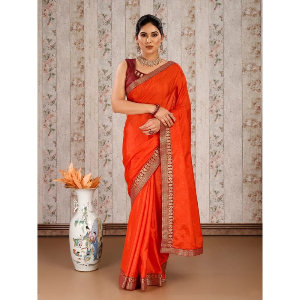 Generic Women's Vichitra Plain Saree With Unstitched Blouse (Orange, 5-6 Mtrs) - Noble Nook