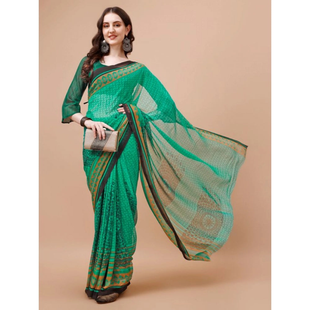 Generic Women's Weightless Floral Printed Saree With Unstitched Blouse (Green, 5-6 Mtrs) - Noble Nook