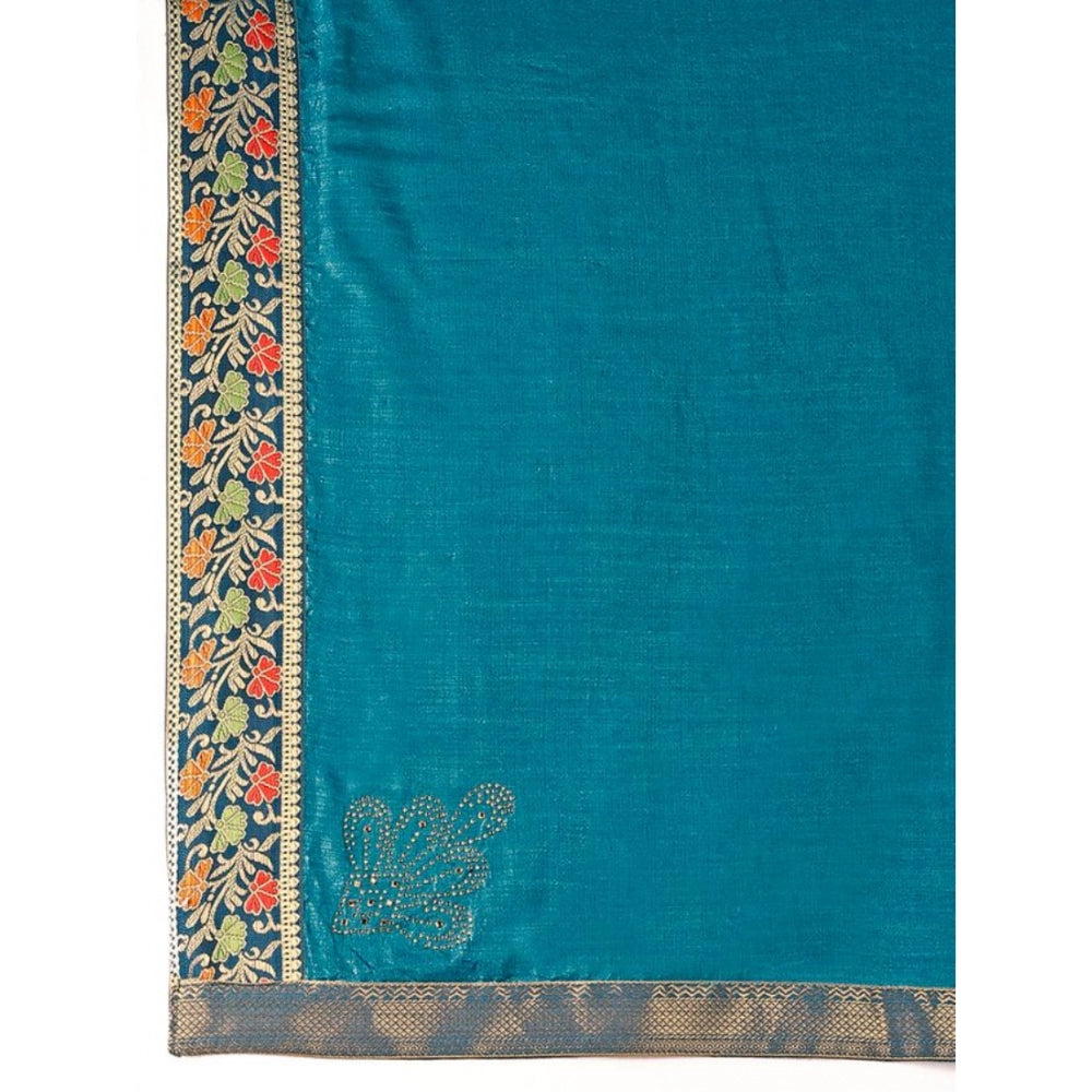 Generic Women's Vichitra Swiroshki Butta Saree With Unstitched Blouse (Teal Blue, 5-6 Mtrs) - Noble Nook