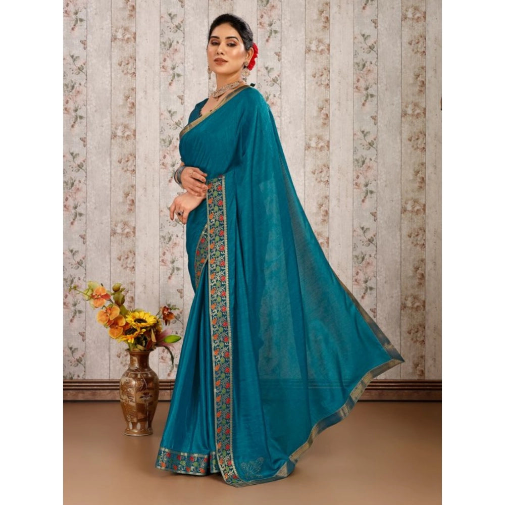 Generic Women's Vichitra Swiroshki Butta Saree With Unstitched Blouse (Teal Blue, 5-6 Mtrs) - Noble Nook