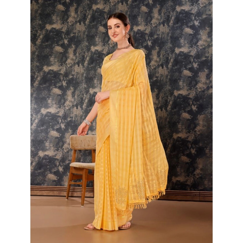 Generic Women's Chiffon Fabric Line Saree With Unstitched Blouse (Yellow, 5-6 Mtrs) - Noble Nook