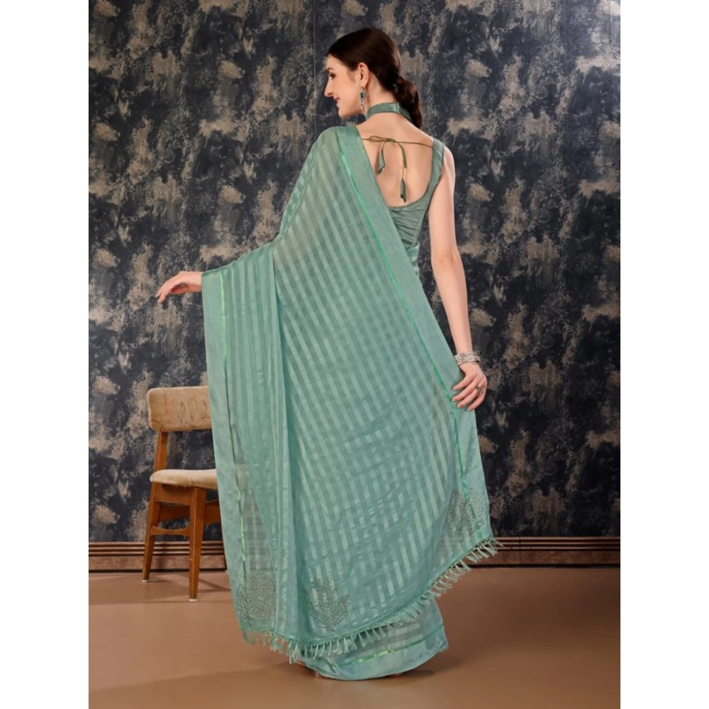 Generic Women's Chiffon Fabric Line Saree With Unstitched Blouse (Turquoise green, 5-6 Mtrs) - Noble Nook