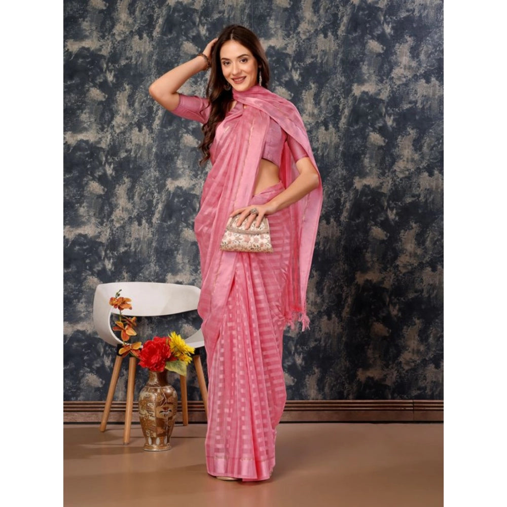 Generic Women's Chiffon Fabric Line Saree With Unstitched Blouse (Pink, 5-6 Mtrs) - Noble Nook