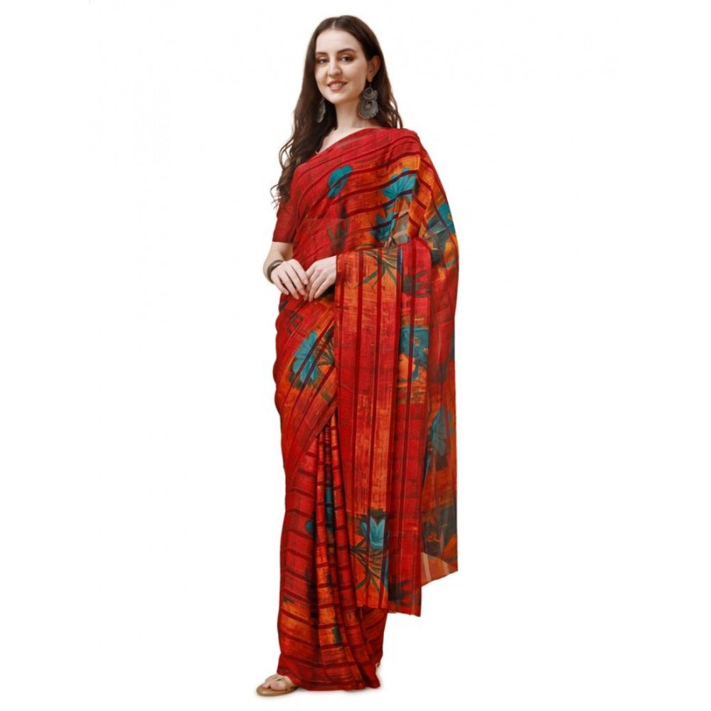 Generic Women's Georgette Floral Printed Saree With Unstitched Blouse (Maroon, 5-6 Mtrs) - Noble Nook