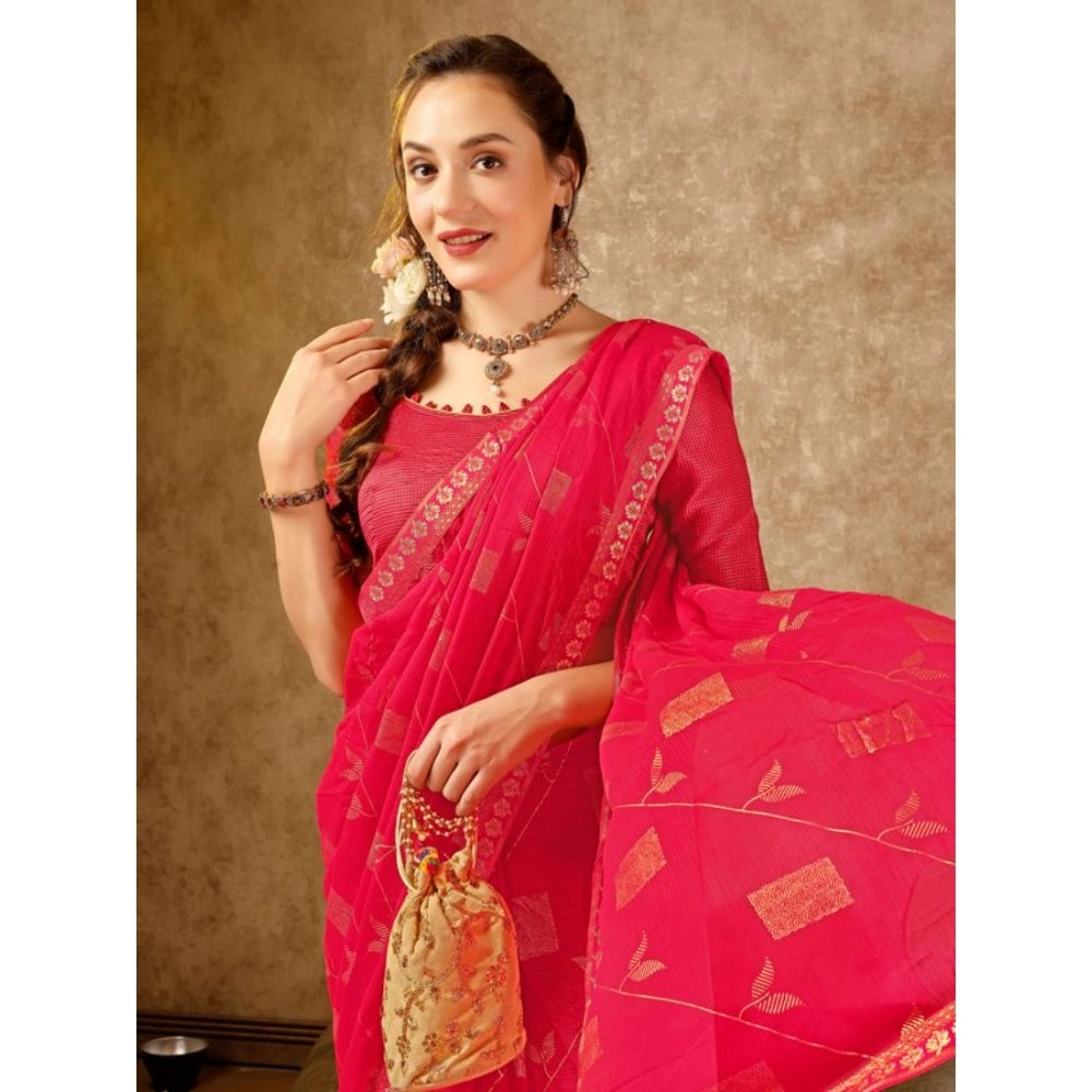 Generic Women's Zomto Patta Chiffon Saree With Unstitched Blouse (Pink, 5-6 Mtrs) - Noble Nook