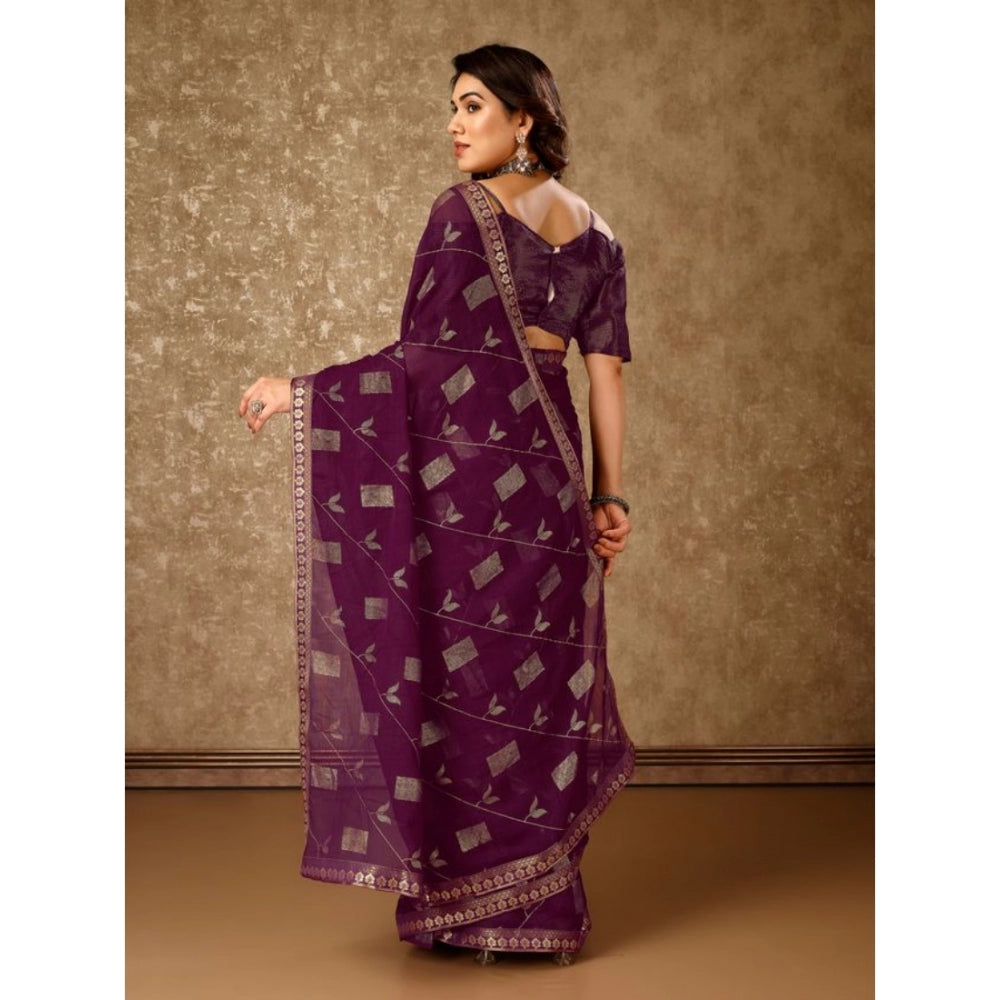 Generic Women's Zomto Patta Chiffon Saree With Unstitched Blouse (Wine, 5-6 Mtrs) - Noble Nook