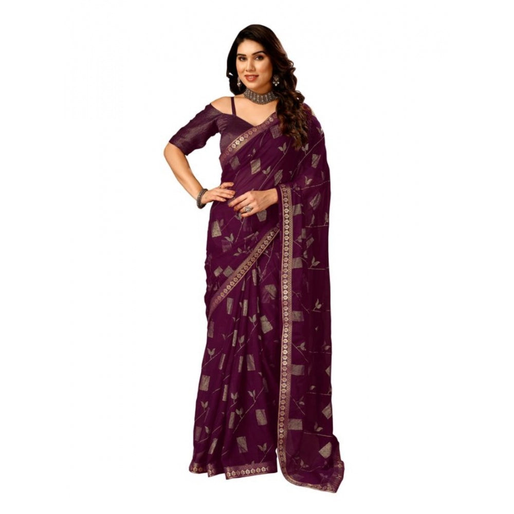 Generic Women's Zomto Patta Chiffon Saree With Unstitched Blouse (Wine, 5-6 Mtrs) - Noble Nook