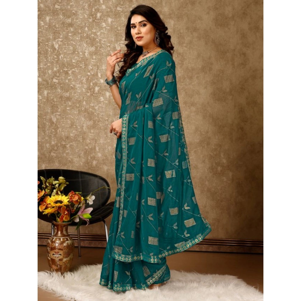 Generic Women's Zomto Patta Chiffon Saree With Unstitched Blouse (Teal Blue, 5-6 Mtrs) - Noble Nook