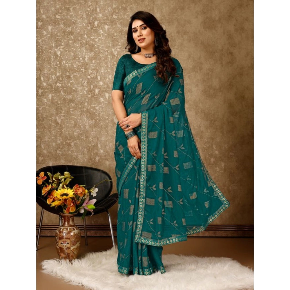 Generic Women's Zomto Patta Chiffon Saree With Unstitched Blouse (Teal Blue, 5-6 Mtrs) - Noble Nook