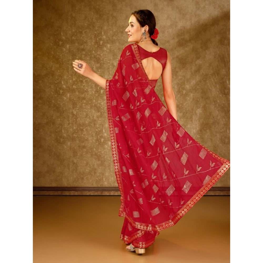 Generic Women's Zomto Patta Chiffon Saree With Unstitched Blouse (Red, 5-6 Mtrs) - Noble Nook