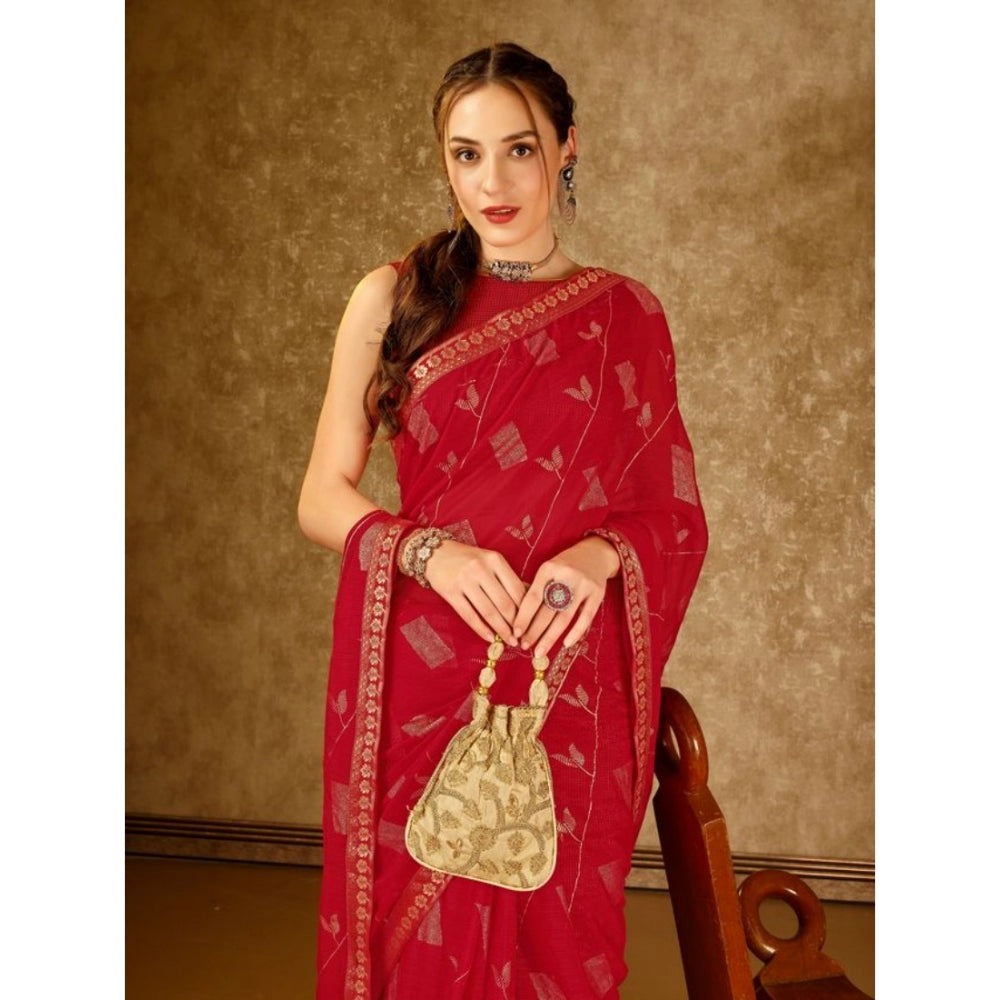 Generic Women's Zomto Patta Chiffon Saree With Unstitched Blouse (Red, 5-6 Mtrs) - Noble Nook