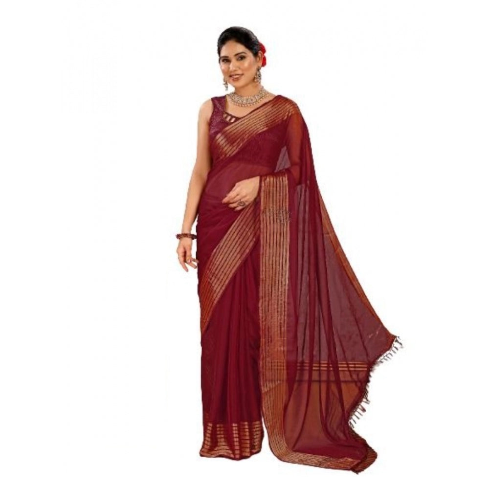 Generic Women's Chiffon Fabric Plain Saree With Unstitched Blouse (Maroon, 5-6 Mtrs) - Noble Nook