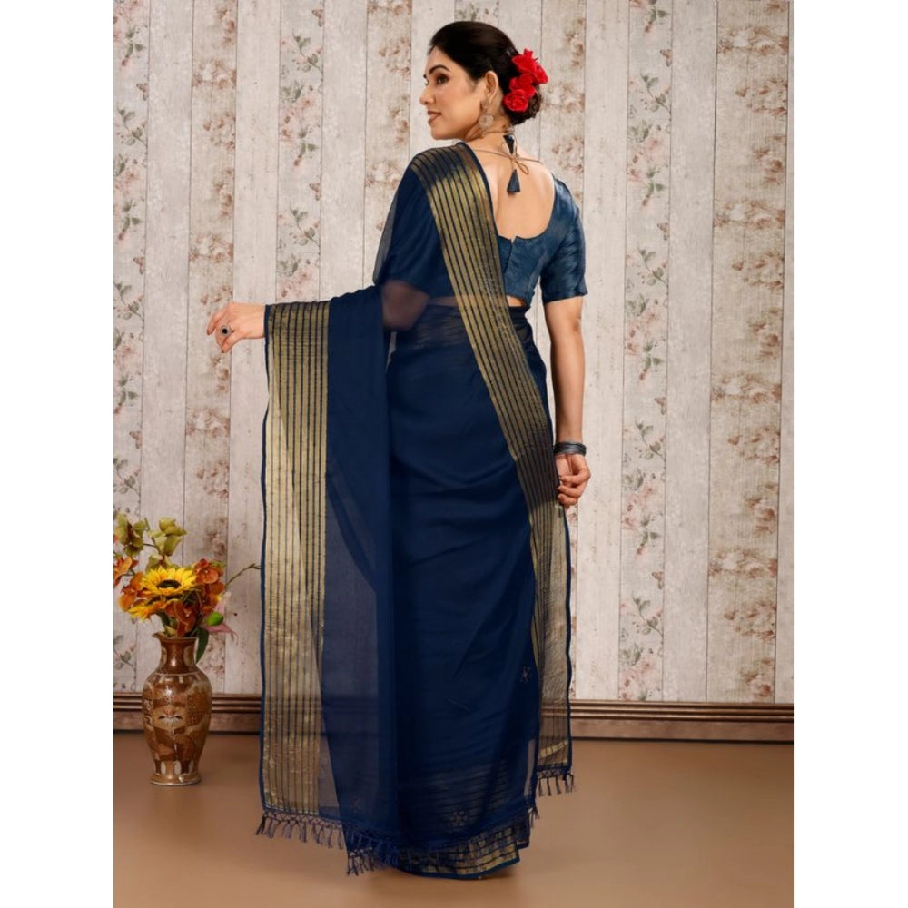 Generic Women's Chiffon Fabric Plain Saree With Unstitched Blouse (Blue, 5-6 Mtrs) - Noble Nook