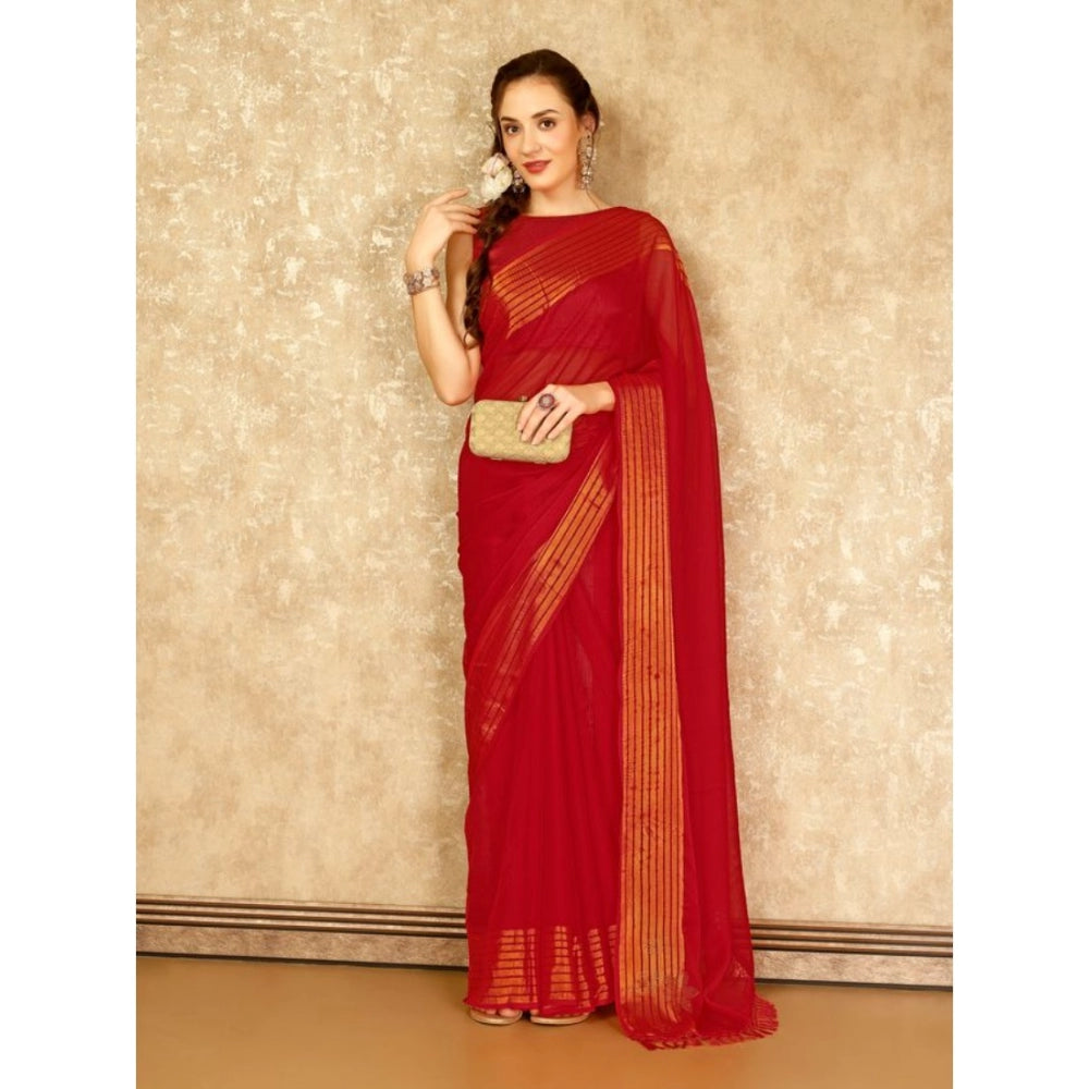 Generic Women's Chiffon Fabric Plain Saree With Unstitched Blouse (Red, 5-6 Mtrs) - Noble Nook