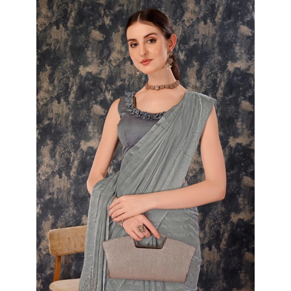 Generic Women's Chiffon Fabric Line Saree With Unstitched Blouse (Grey, 5-6 Mtrs) - Noble Nook