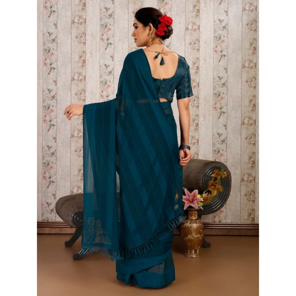 Generic Women's Chiffon Fabric Line Saree With Unstitched Blouse (Blue, 5-6 Mtrs) - Noble Nook