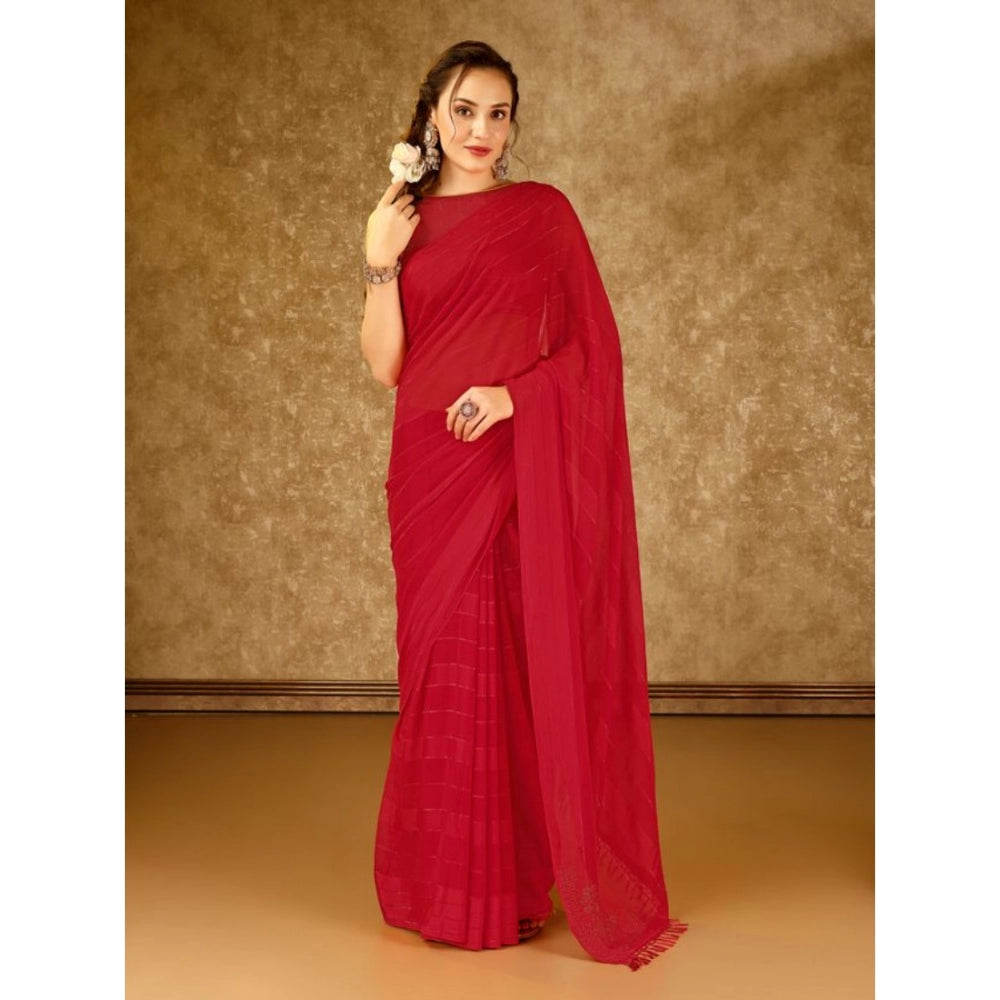 Generic Women's Chiffon Fabric Line Saree With Unstitched Blouse (Red, 5-6 Mtrs) - Noble Nook