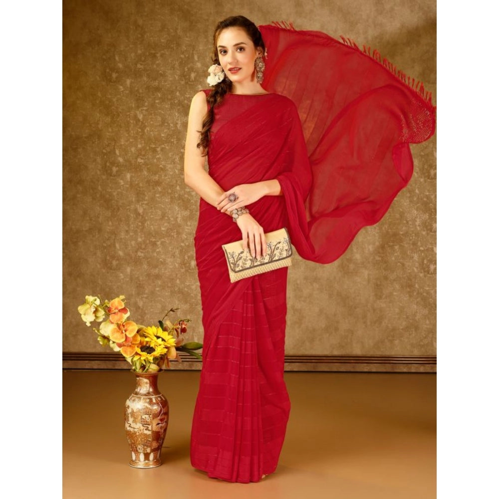 Generic Women's Chiffon Fabric Line Saree With Unstitched Blouse (Red, 5-6 Mtrs) - Noble Nook