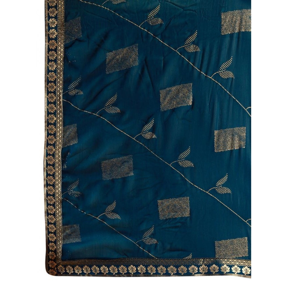 Generic Women's Zomto Patta Chiffon Saree With Unstitched Blouse (Blue, 5-6 Mtrs) - Noble Nook