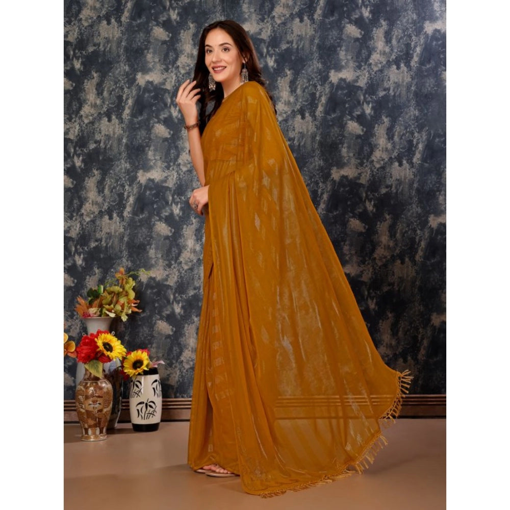 Generic Women's Chiffon Fabric Line Saree With Unstitched Blouse (Mustard, 5-6 Mtrs) - Noble Nook