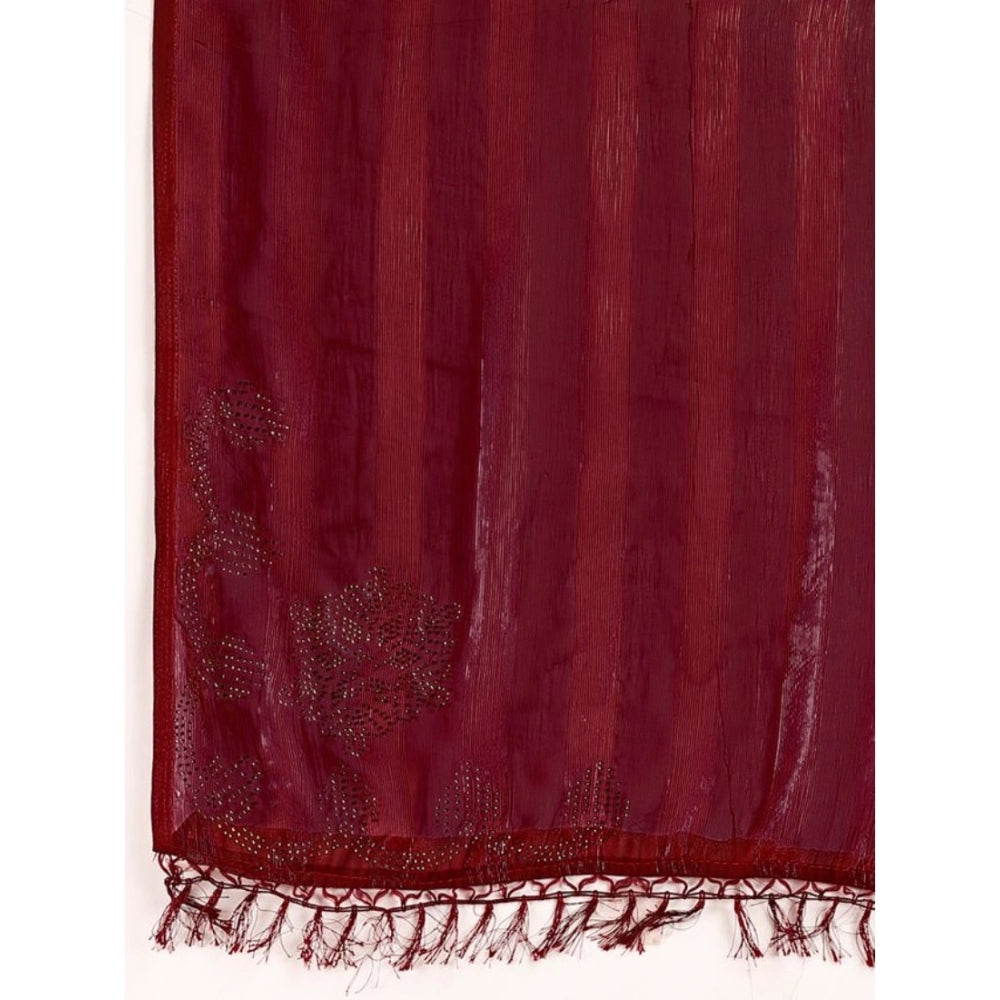 Generic Women's Chiffon Fabric Line Saree With Unstitched Blouse (Maroon, 5-6 Mtrs) - Noble Nook