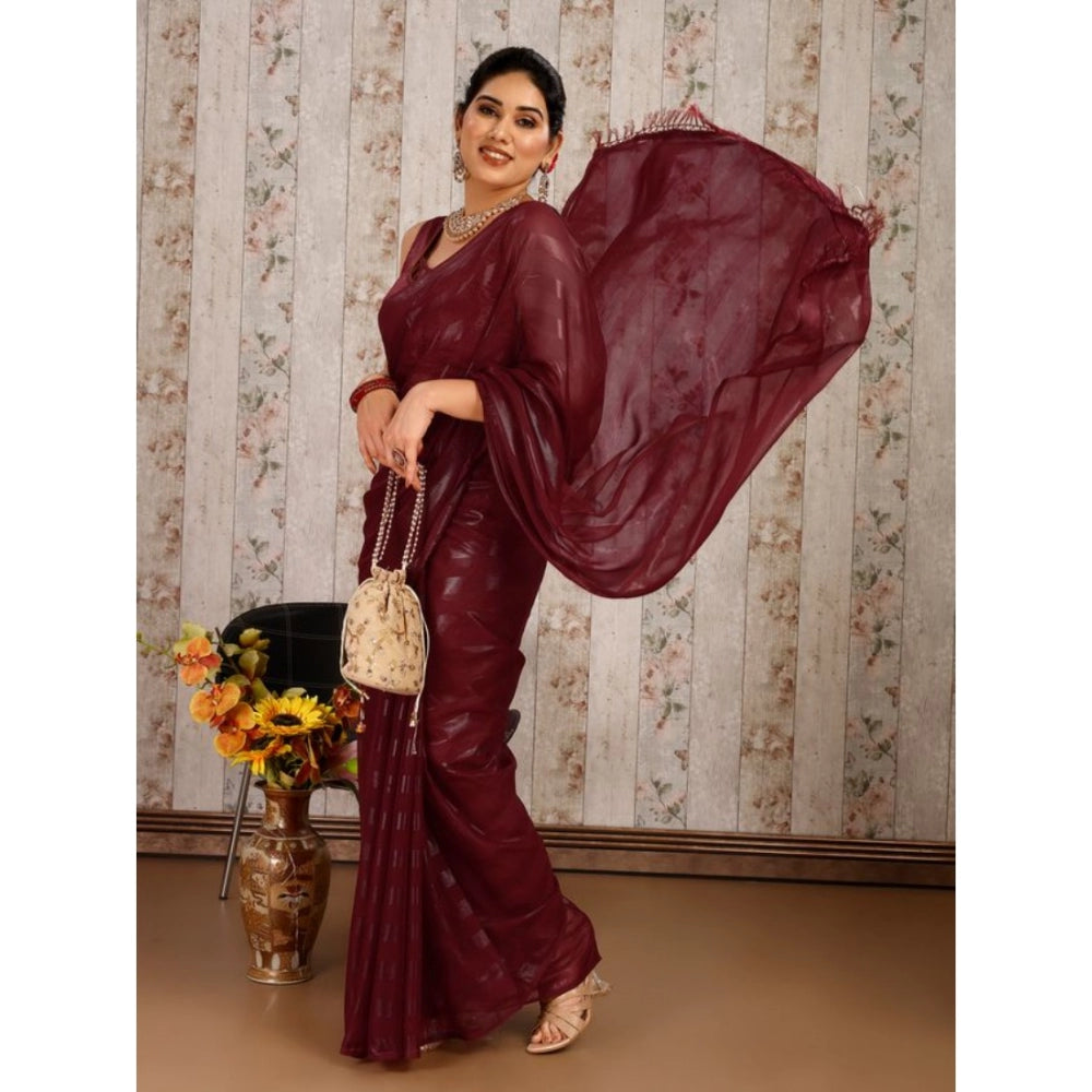 Generic Women's Chiffon Fabric Line Saree With Unstitched Blouse (Maroon, 5-6 Mtrs) - Noble Nook