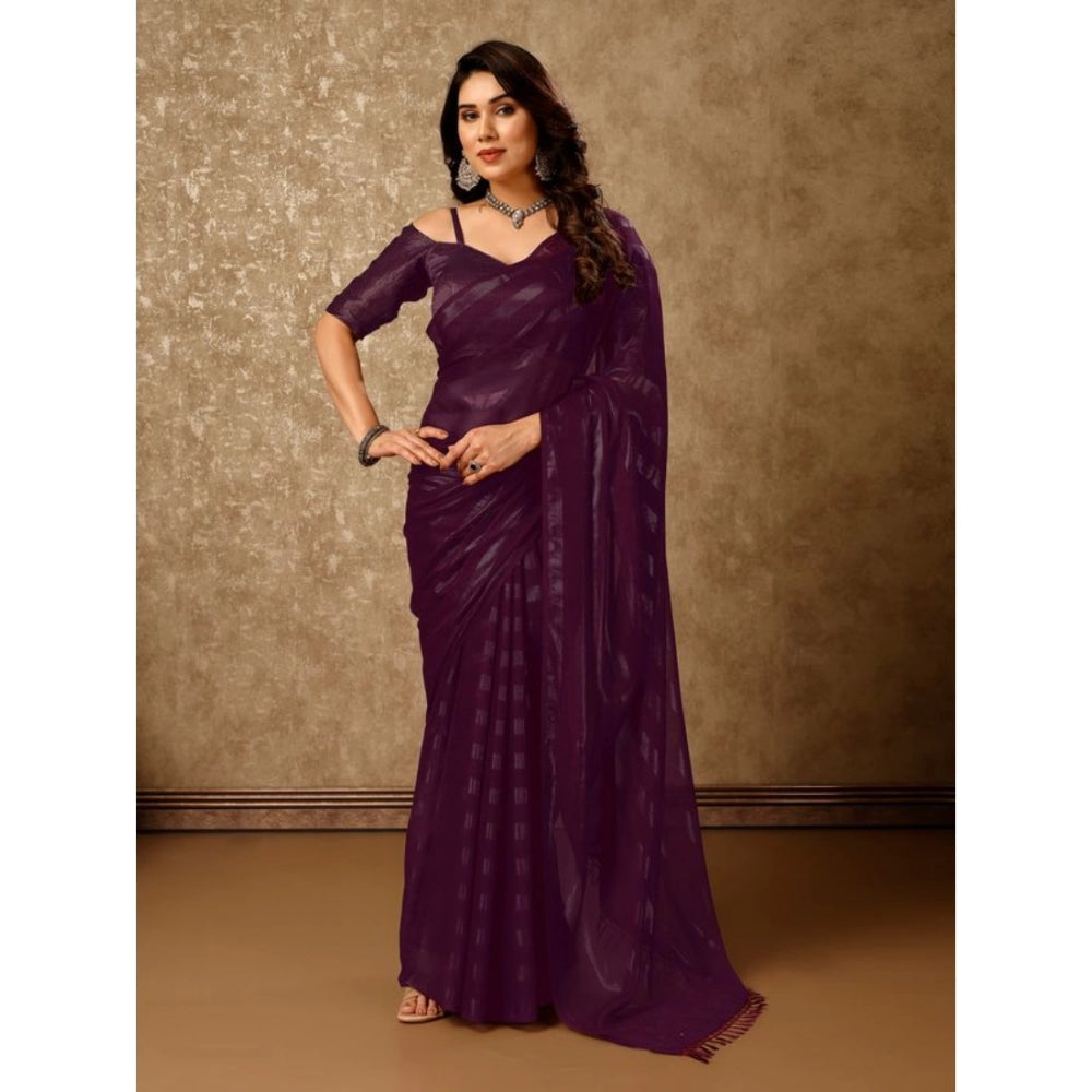 Generic Women's Chiffon Fabric Line Saree With Unstitched Blouse (Purple, 5-6 Mtrs) - Noble Nook