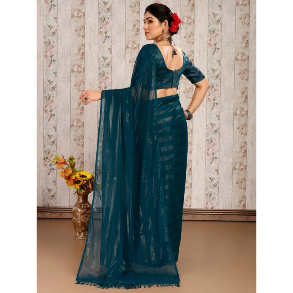 Generic Women's Chiffon Fabric Line Saree With Unstitched Blouse (Teal Blue, 5-6 Mtrs) - Noble Nook