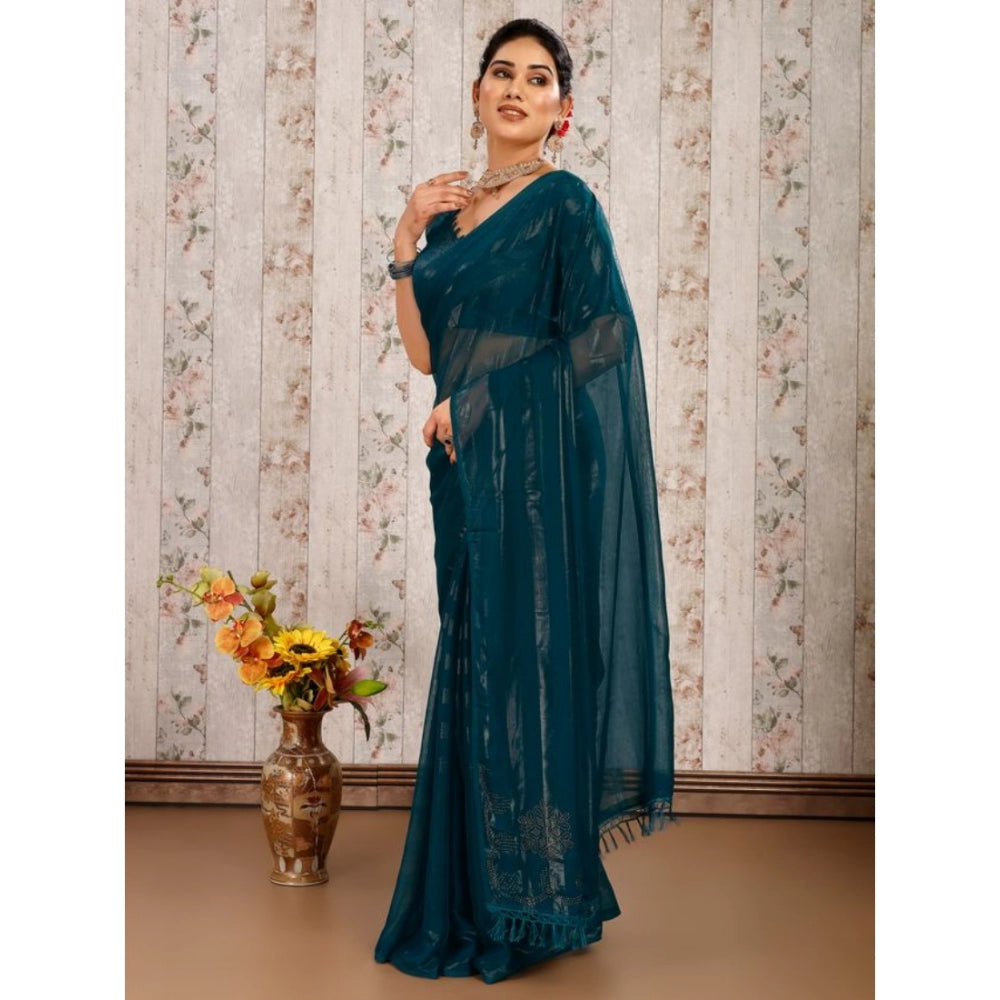 Generic Women's Chiffon Fabric Line Saree With Unstitched Blouse (Teal Blue, 5-6 Mtrs) - Noble Nook