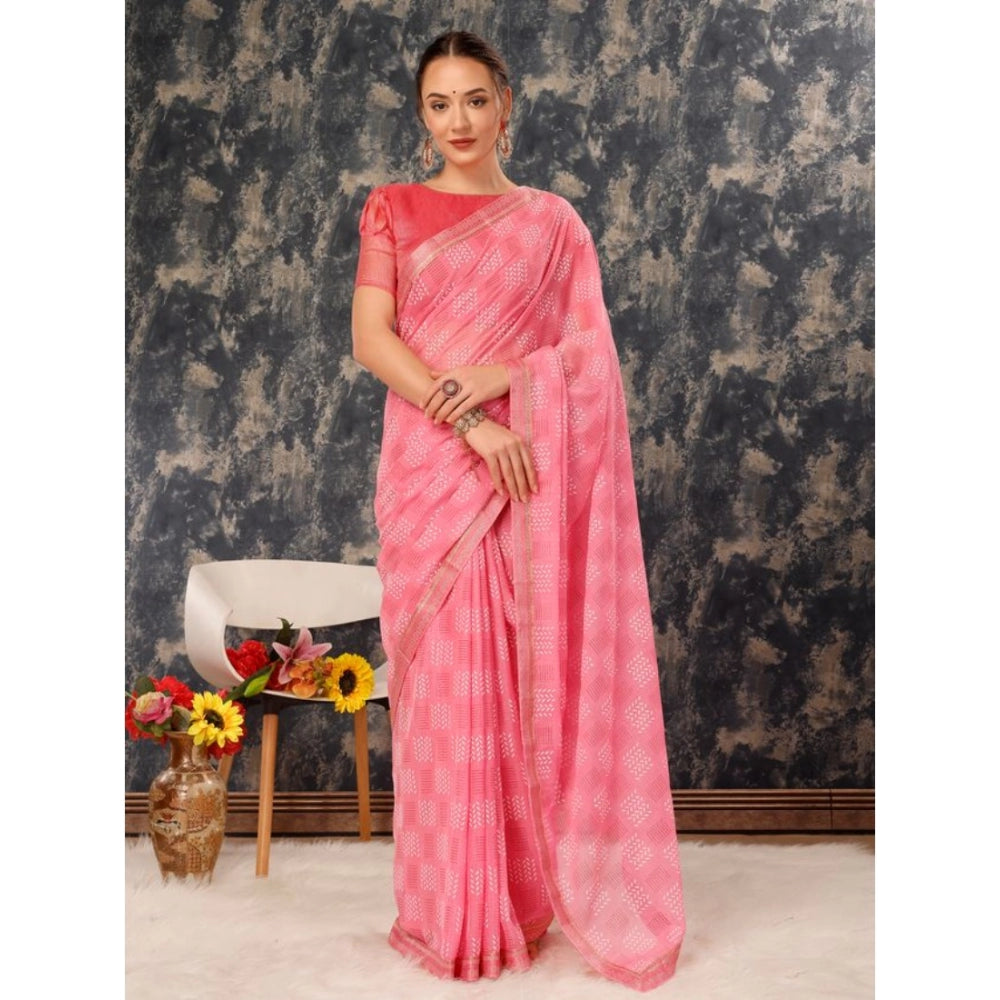 Generic Women's Zomto Checked Saree With Unstitched Blouse (Pink, 5-6 Mtrs) - Noble Nook