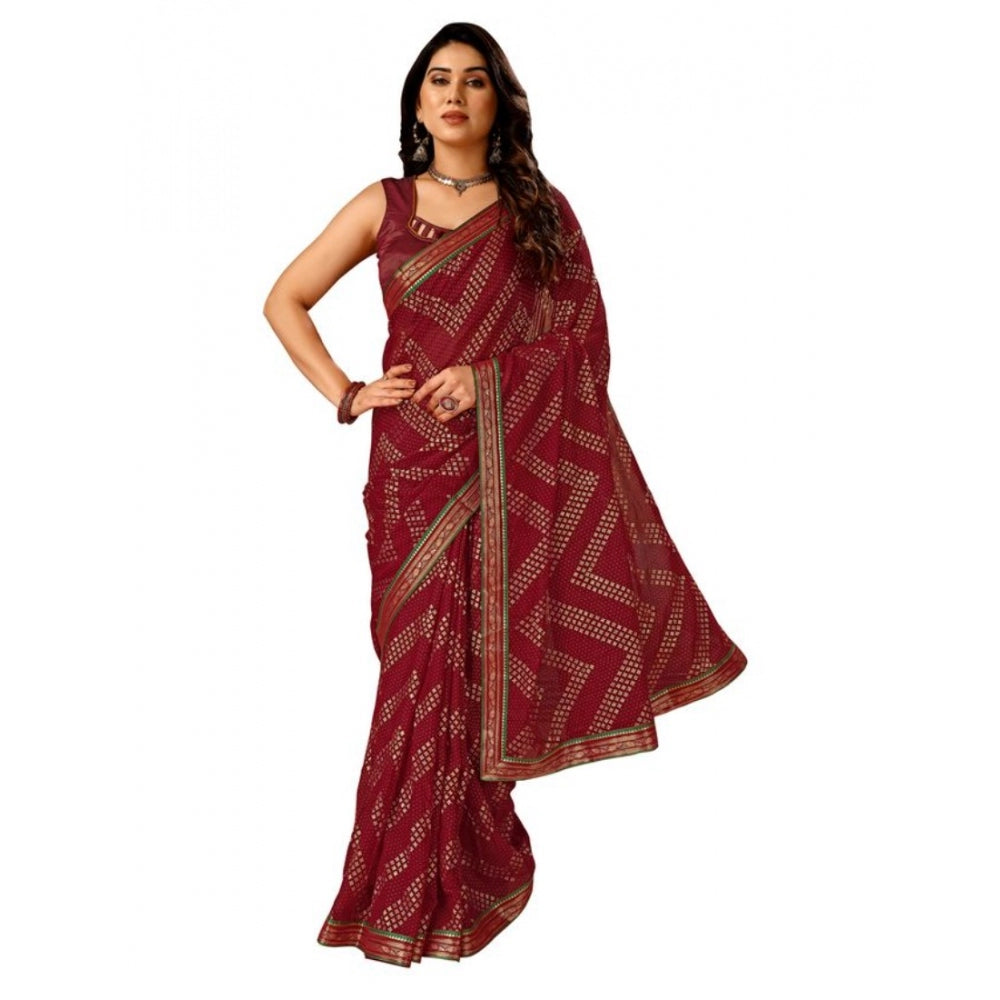 Generic Women's Zomto Zig Zag Saree With Unstitched Blouse (Maroon, 5-6 Mtrs) - Noble Nook