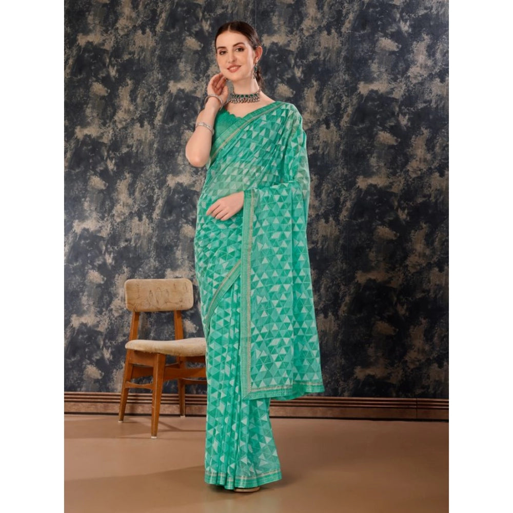 Generic Women's Zomto Printed Saree With Unstitched Blouse (Turquoise Green, 5-6 Mtrs) - Noble Nook