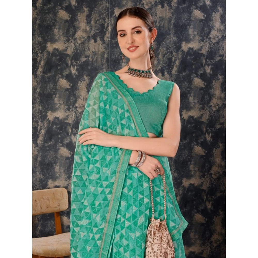 Generic Women's Zomto Printed Saree With Unstitched Blouse (Turquoise Green, 5-6 Mtrs) - Noble Nook