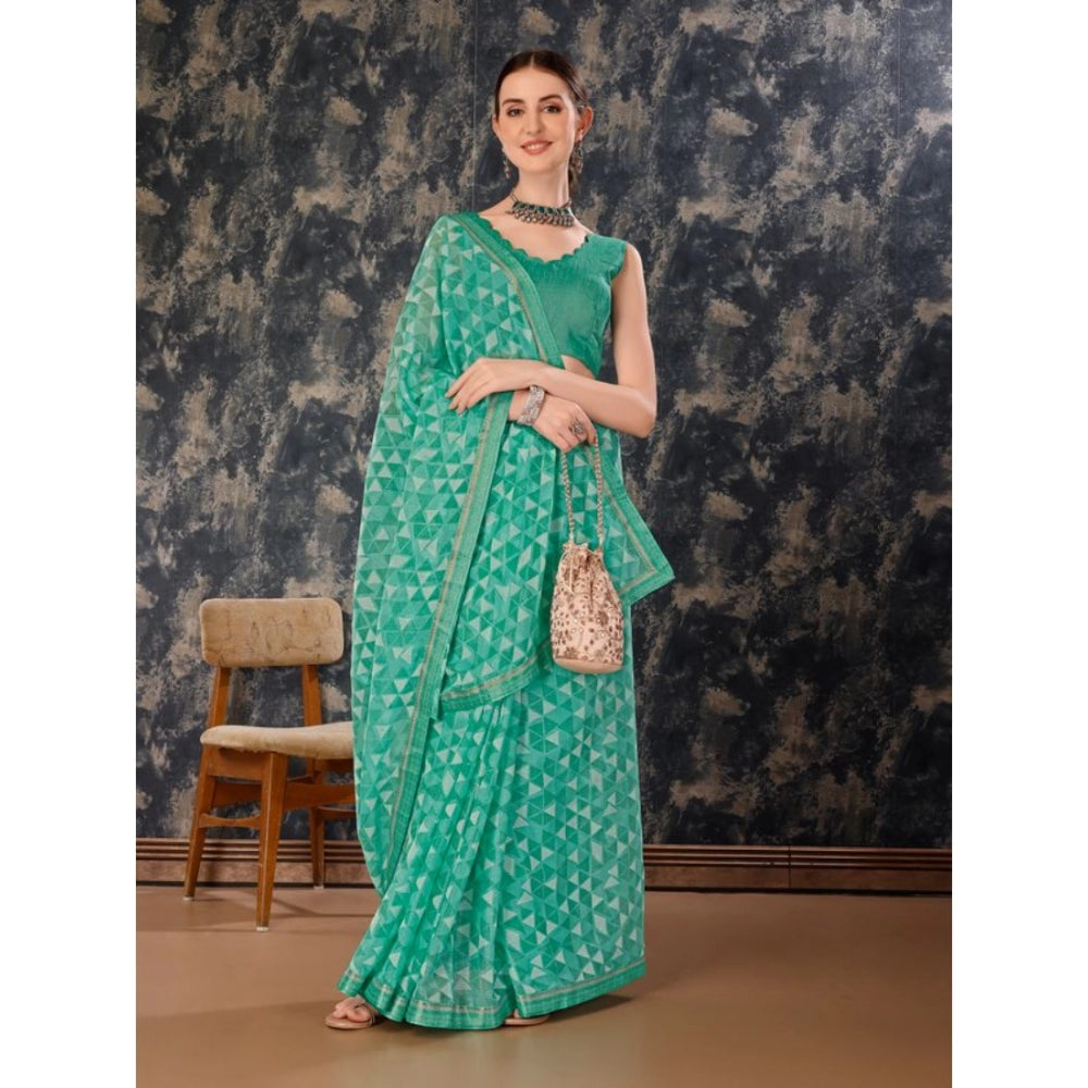 Generic Women's Zomto Printed Saree With Unstitched Blouse (Turquoise Green, 5-6 Mtrs) - Noble Nook