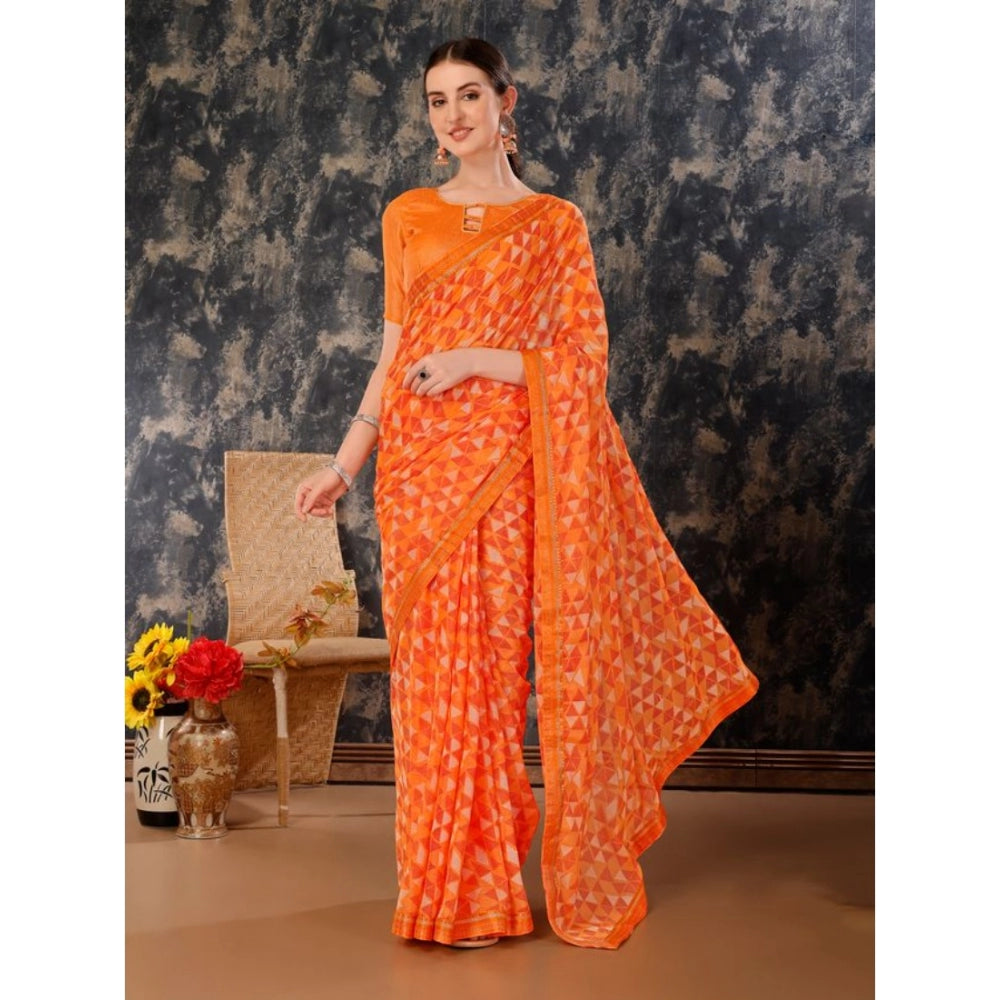 Generic Women's Zomto Printed Saree With Unstitched Blouse (Dark Orange, 5-6 Mtrs) - Noble Nook