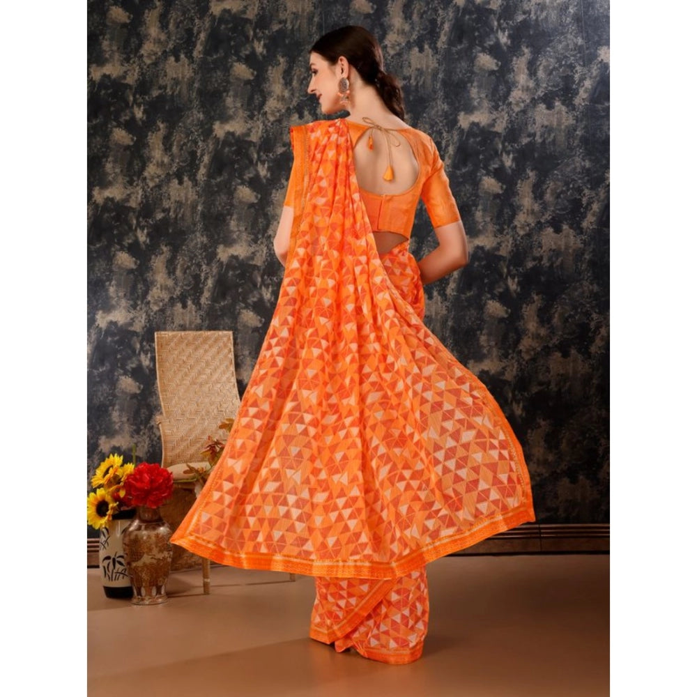 Generic Women's Zomto Printed Saree With Unstitched Blouse (Dark Orange, 5-6 Mtrs) - Noble Nook