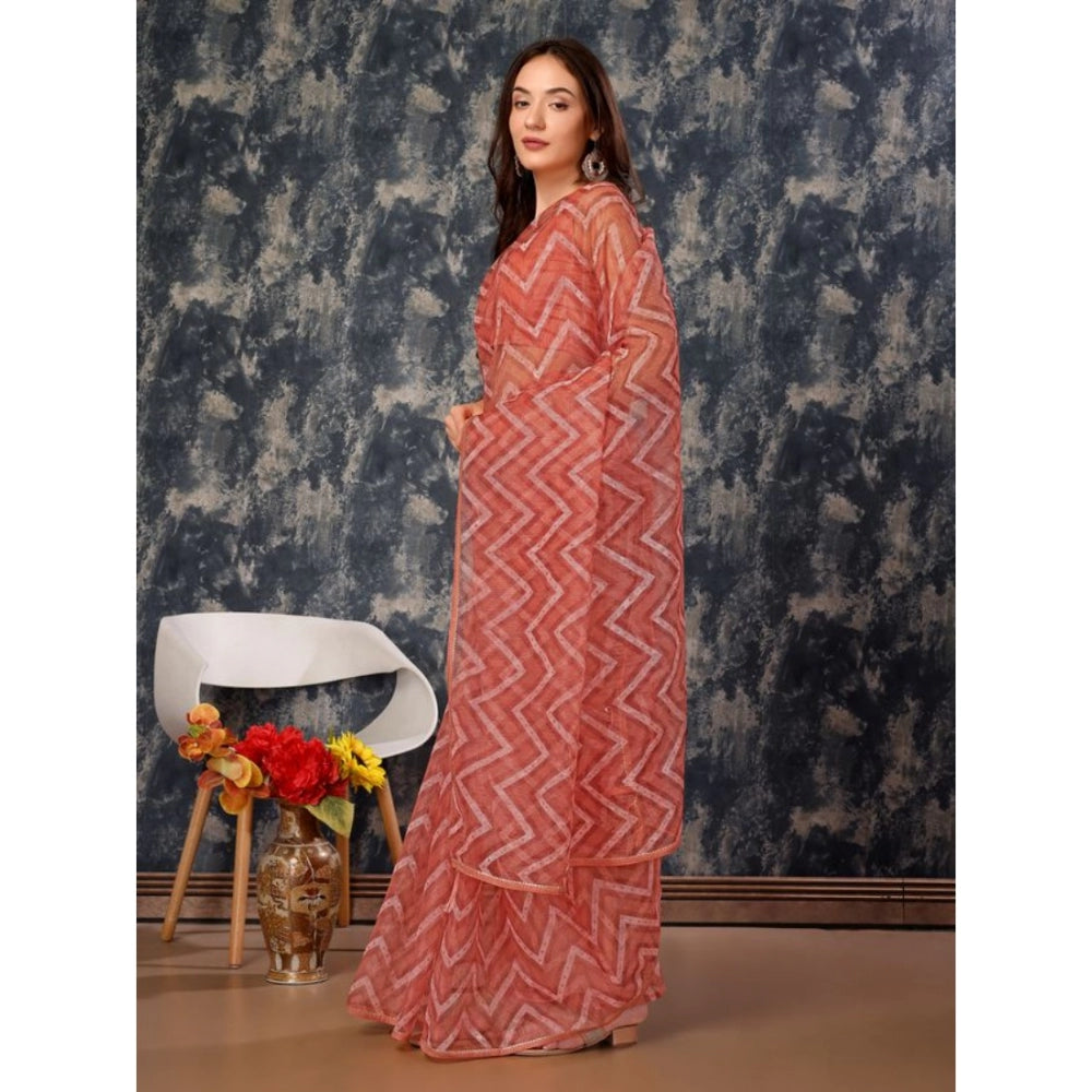 Generic Women's Linen Zig Zag Saree With Unstitched Blouse (Peach, 5-6 Mtrs) - Noble Nook