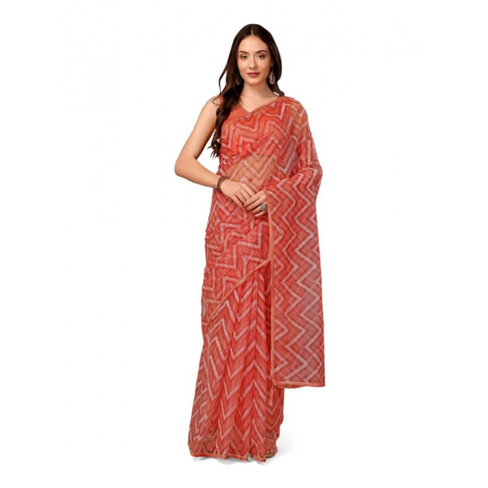 Generic Women's Linen Zig Zag Saree With Unstitched Blouse (Peach, 5-6 Mtrs) - Noble Nook