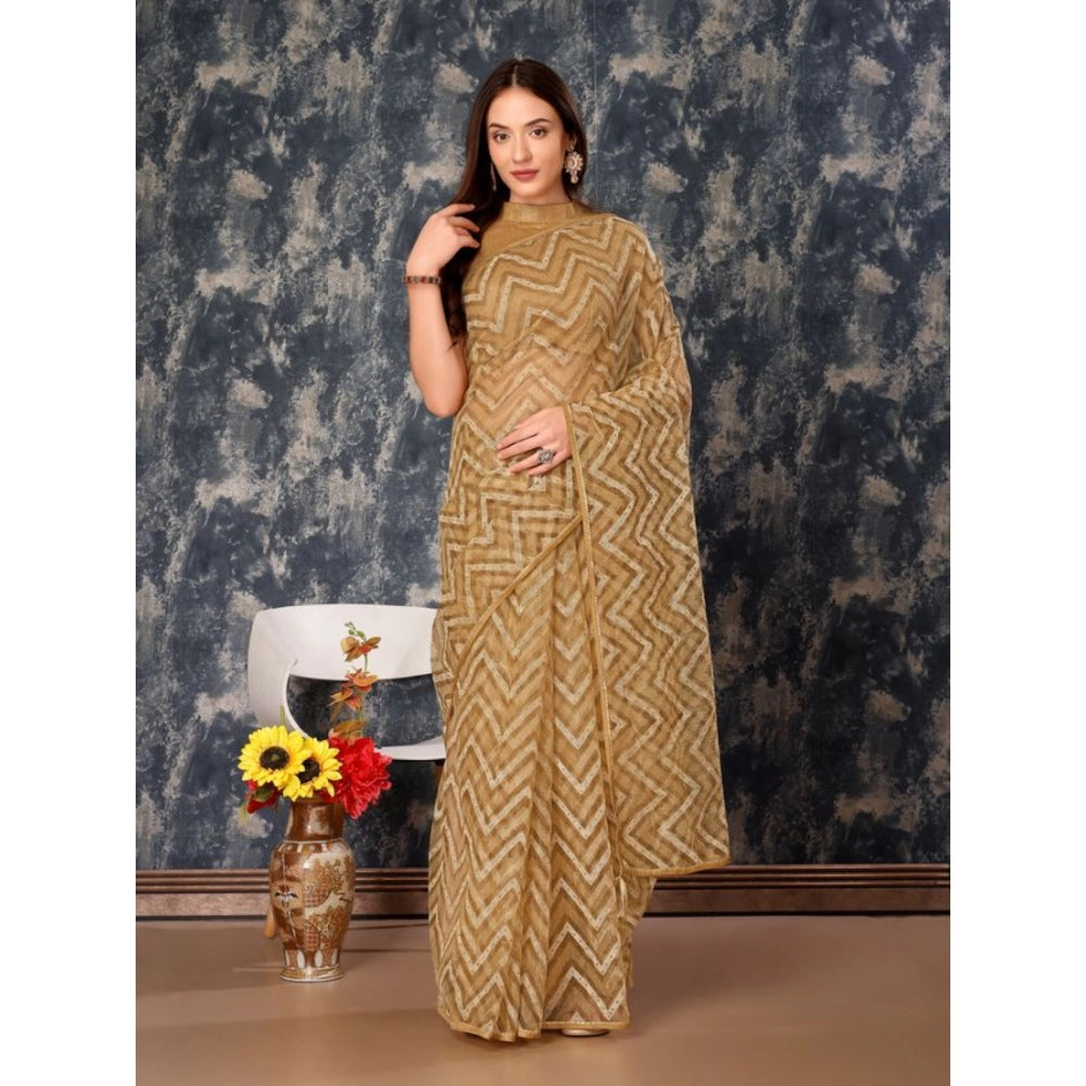 Generic Women's Linen Zig Zag Saree With Unstitched Blouse (Beige, 5-6 Mtrs) - Noble Nook