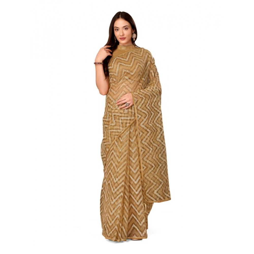 Generic Women's Linen Zig Zag Saree With Unstitched Blouse (Beige, 5-6 Mtrs) - Noble Nook