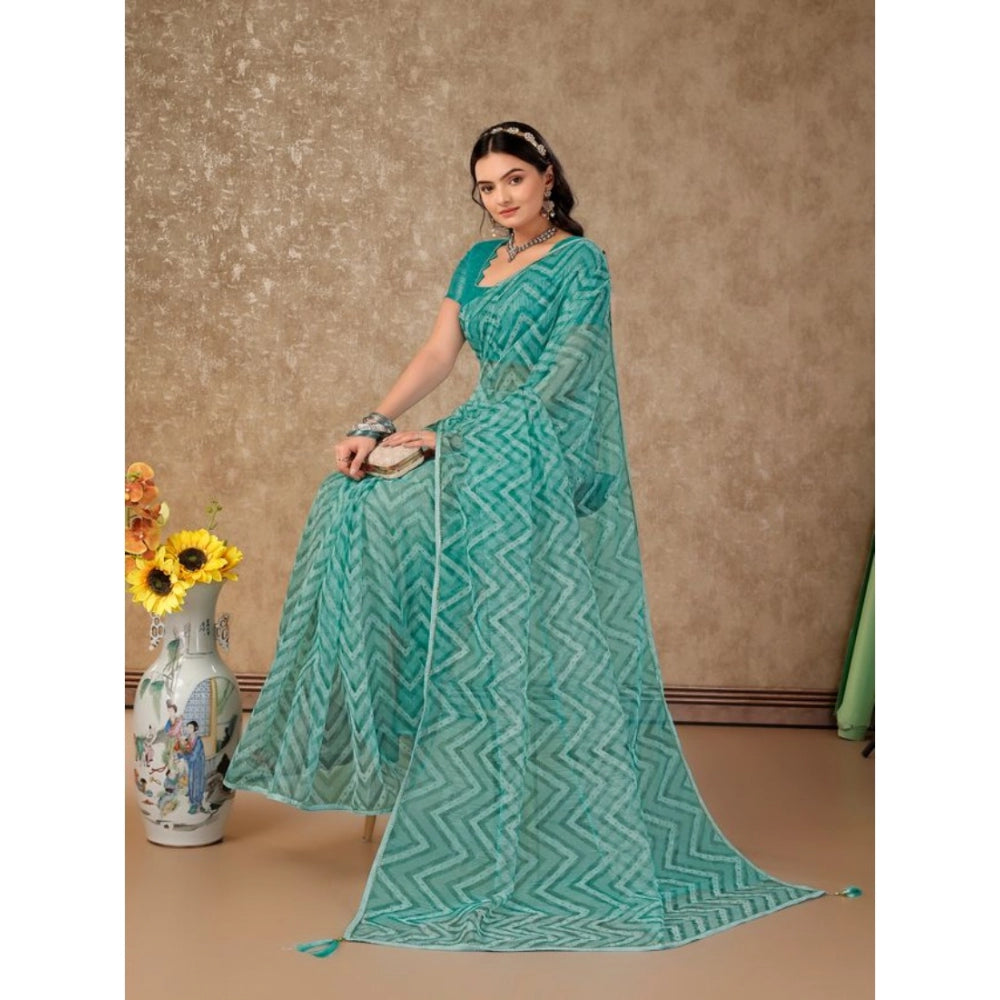 Generic Women's Linen Zig Zag Saree With Unstitched Blouse (Turquoise Green, 5-6 Mtrs) - Noble Nook