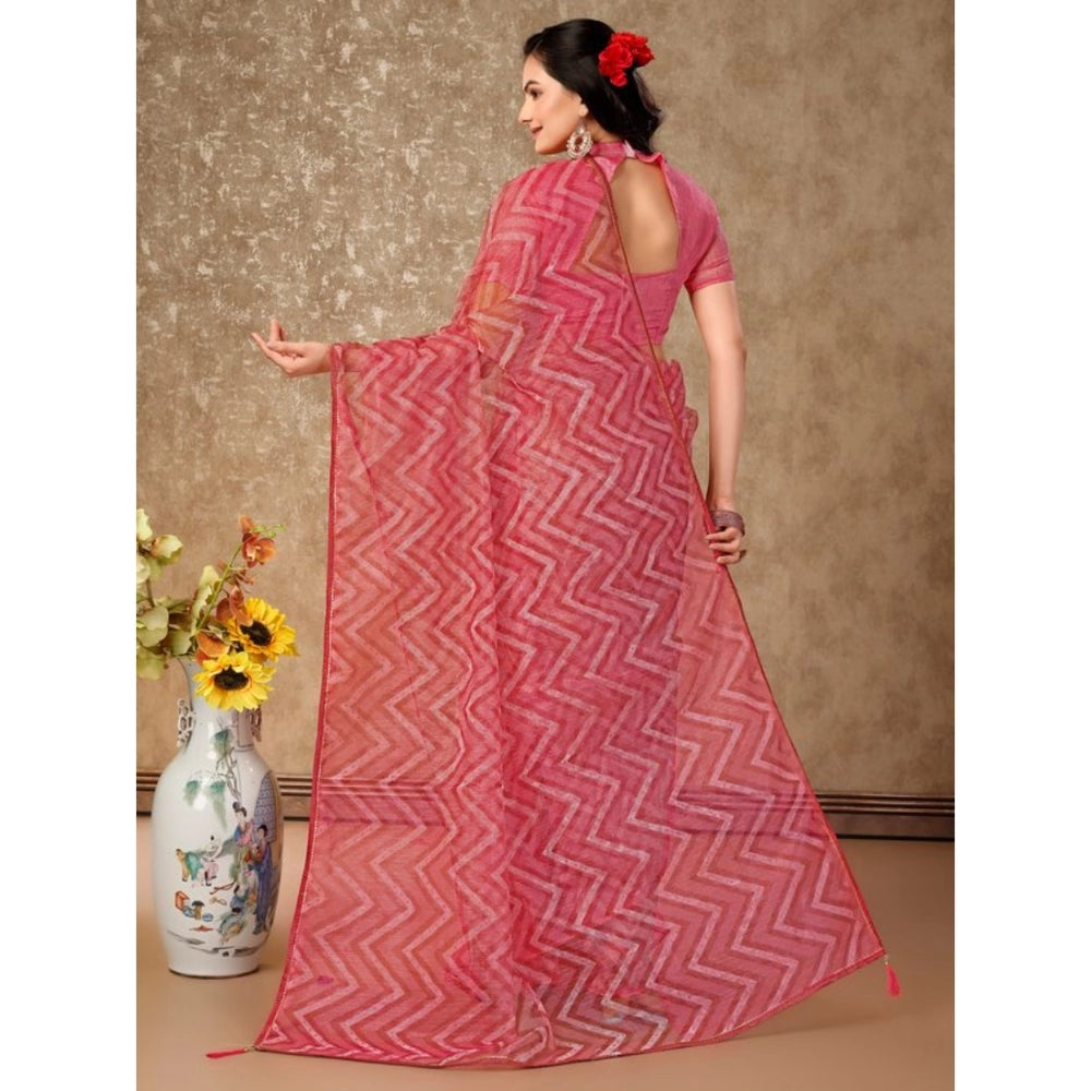 Generic Women's Linen Zig Zag Saree With Unstitched Blouse (Pink, 5-6 Mtrs) - Noble Nook