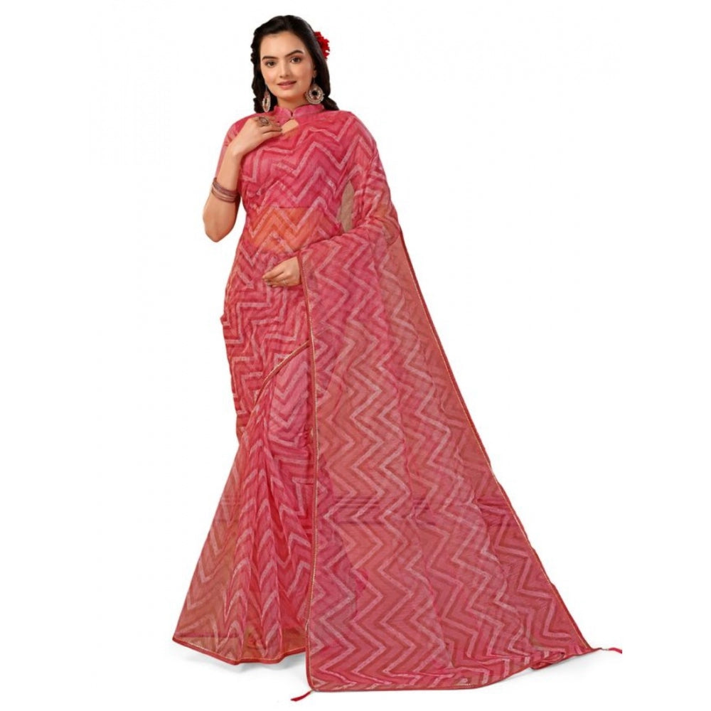 Generic Women's Linen Zig Zag Saree With Unstitched Blouse (Pink, 5-6 Mtrs) - Noble Nook