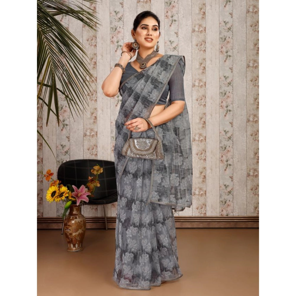 Generic Women's Linen Floral Printed Saree With Unstitched Blouse (Grey, 5-6 Mtrs) - Noble Nook