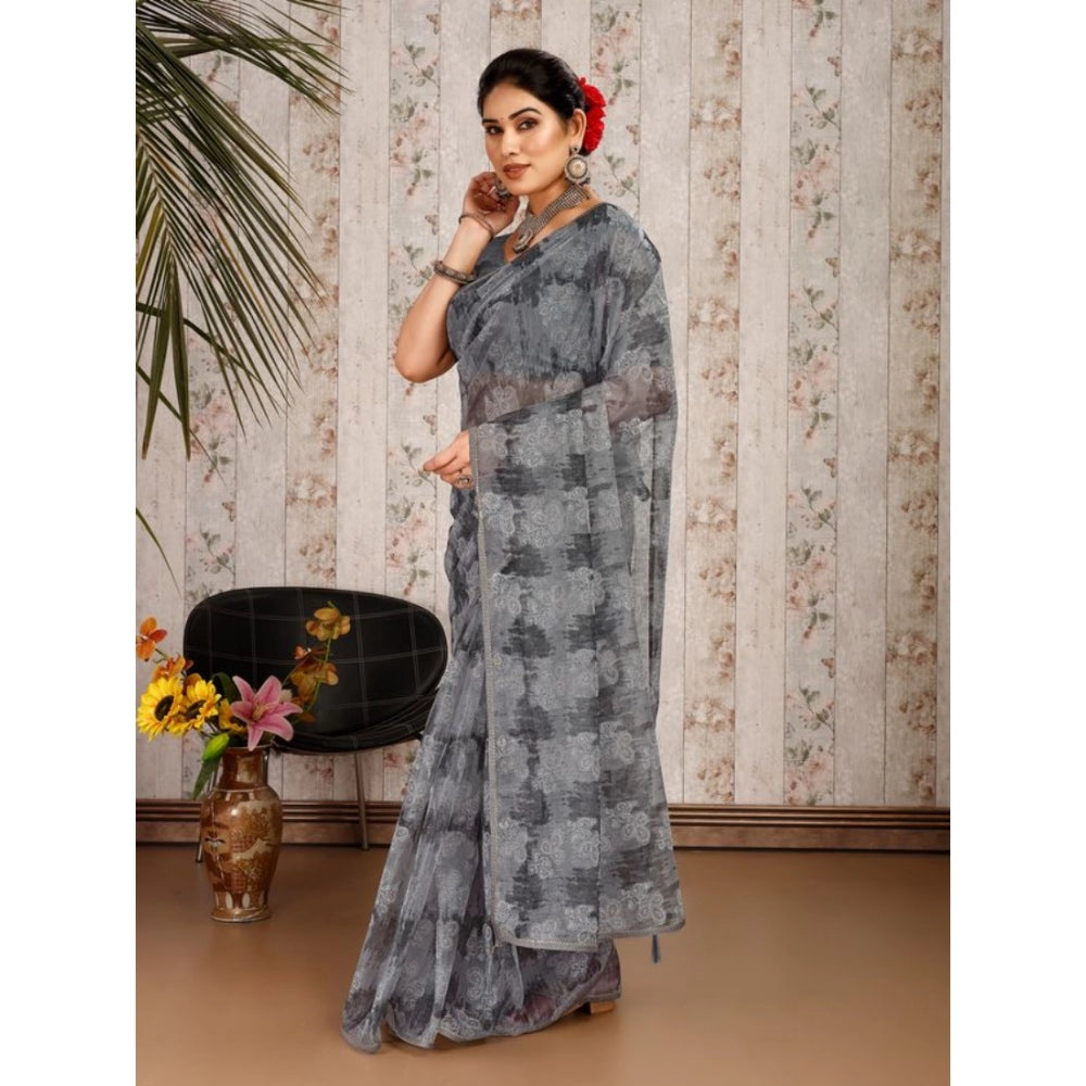 Generic Women's Linen Floral Printed Saree With Unstitched Blouse (Grey, 5-6 Mtrs) - Noble Nook